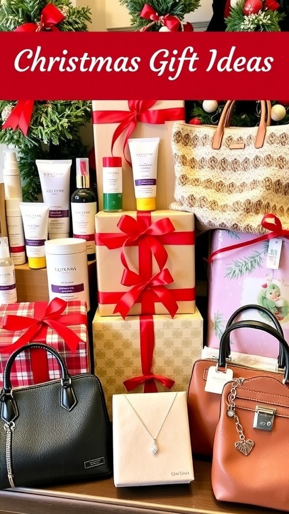 A festive arrangement of Christmas gifts for women, featuring skincare sets, blankets, handbags, and jewelry.